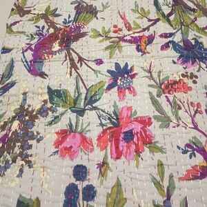 Indian Handmade Cotton Kantha Quilt King Size Floral Print Bedspread Blanket
